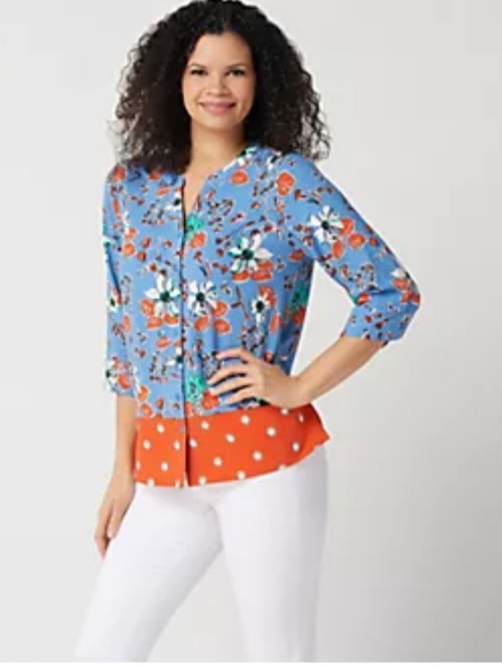 Denim&Co Blue Floral Button-Down with Orange Polka-Dot Hem